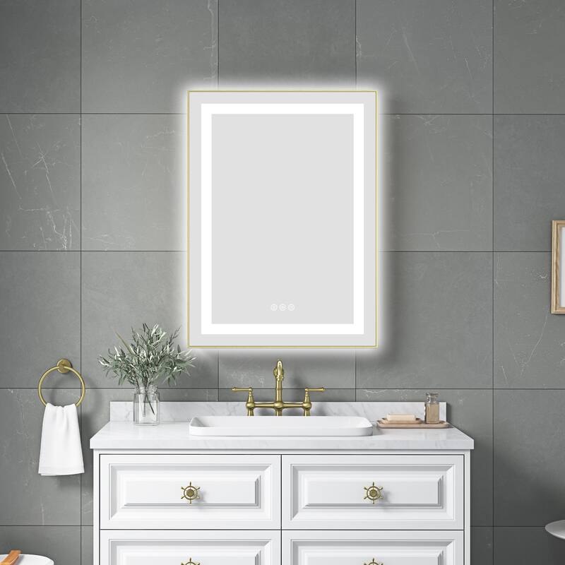 24 x 32 Inch LED Bathroom Mirror with Front and Backlight, Wall Mounted Vanity Mirror with Aluminum Frame, Anti-Fog - Brushed Gold