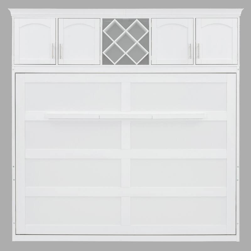 Space-Saving Queen Murphy Bed with Cabinets and Wine Rack, Foldable Wall Bed - White - Queen