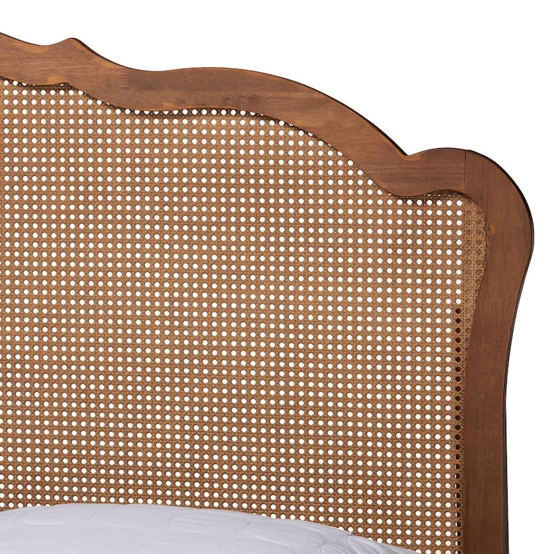 Latrell Mid-Century Walnut Brown Wood and Rattan Storage Bed