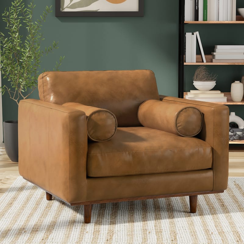 WYNDENHALL Brixley 43 inch Wide Mid-Century Modern Accent Chair in Top Grain Genuine Leather - 42.9" W x 38.25" D x 34" H - Sienna
