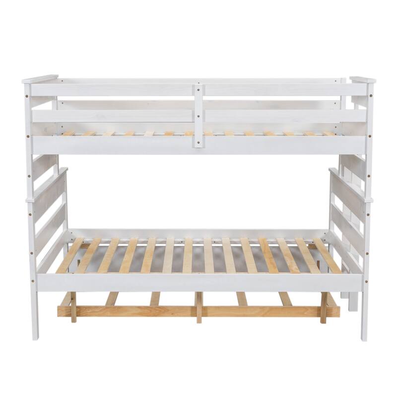 Wood Twin over Full Bunk Bed with Twin Size Trundle and Guard Rails