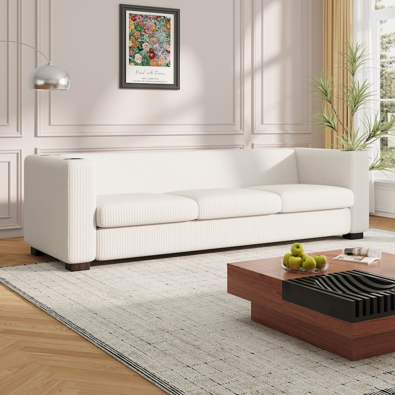 80″ Solid Wood 3-Seater Sofa with 2 USB Ports & Cup Holders - Beige