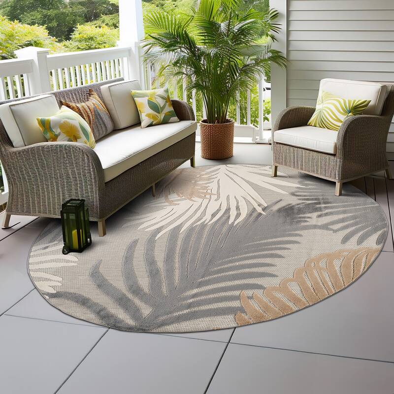 World Rug Gallery Tropical Floral Indoor/Outdoor Area Rug - 8' ROUND - Grey