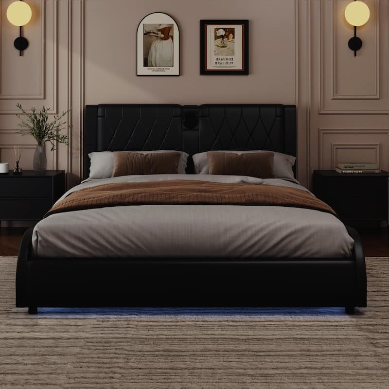Luxurious Faux Leather Upholstered Platform Bed with Thickened Headboard, Bluetooth Speakers & RGB Lights, No Box Spring Needed