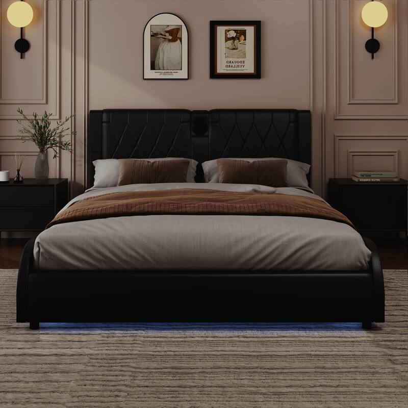 Luxurious Faux Leather Upholstered Platform Bed with Thickened Headboard, tooth Speakers and RGB LED Light - Black