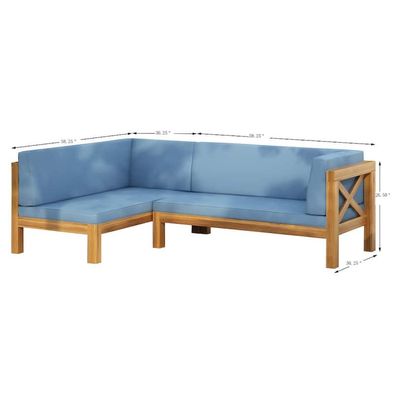 Roomfitters Outdoor Sectional Sofa Right Corner Bench with X-Back Acacia Wood Frame and Cushions