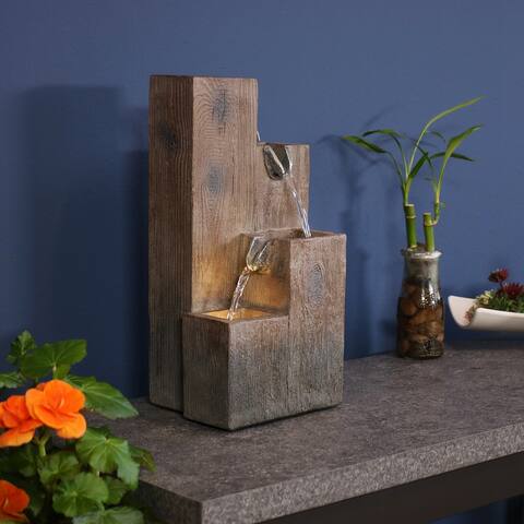 Indoor Home Office Polyresin Faux Wooden Tiered Columns Tabletop Fountain with LED Lights - 13"