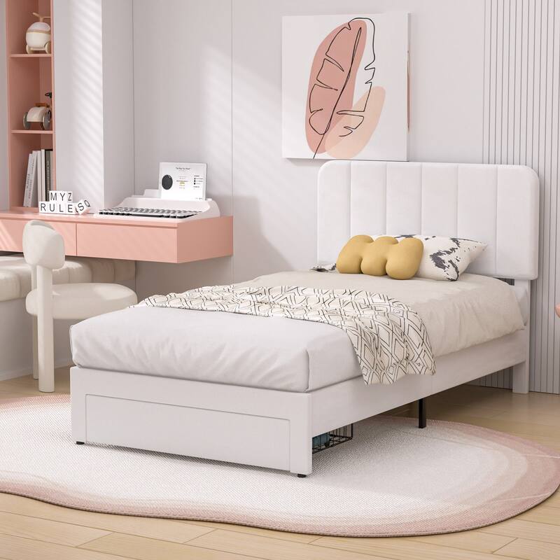 VECELO 2-Pack Kid Bed Frame Set Twin Size Platform Bed with Adjustable Upholstered Headboard Storage Drawer No Box Spring Needed