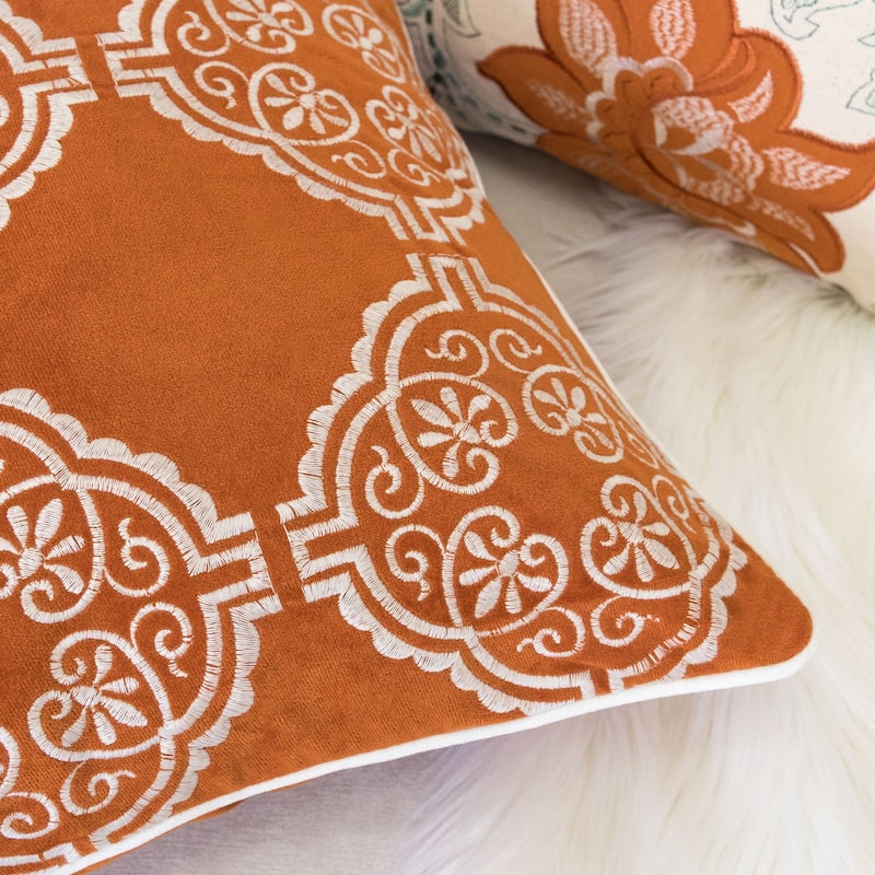 Burnt Orange Damask Embroidered Throw Pillow - Boho Geometric Cushion Set of 2