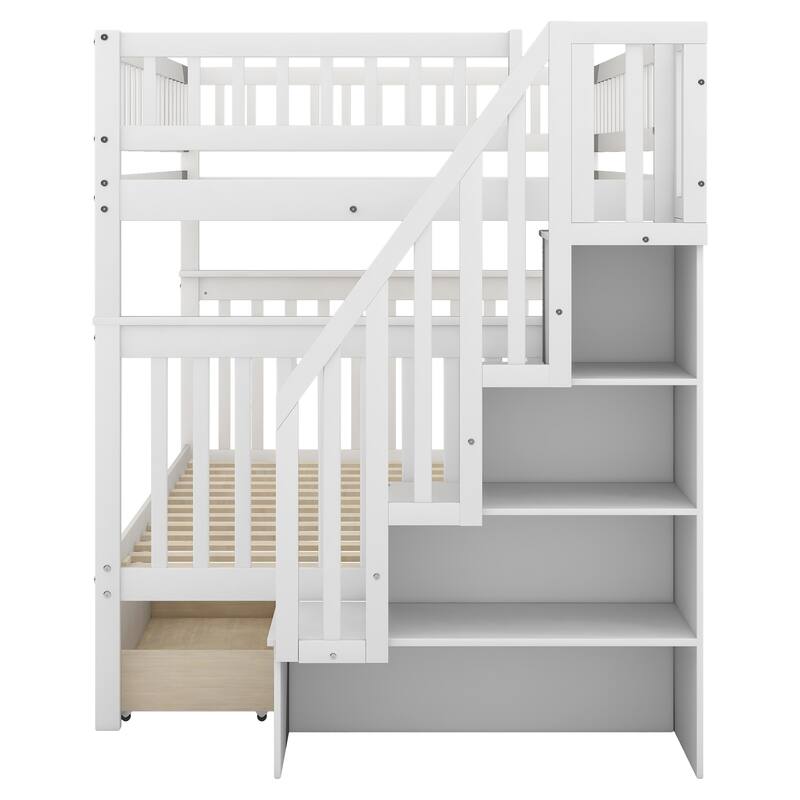 Full Over Full Wood Bunk Bed with Drawers and Storage Staircase