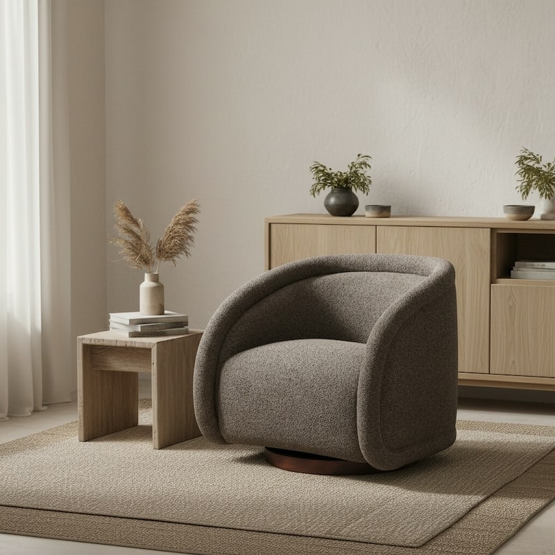 Scott Living - Sabbo Modern Boucle Upholstered 360° Swivel Accent Chair, Walnut-Finished Solid Wood Base & Ergonomic Curved Back