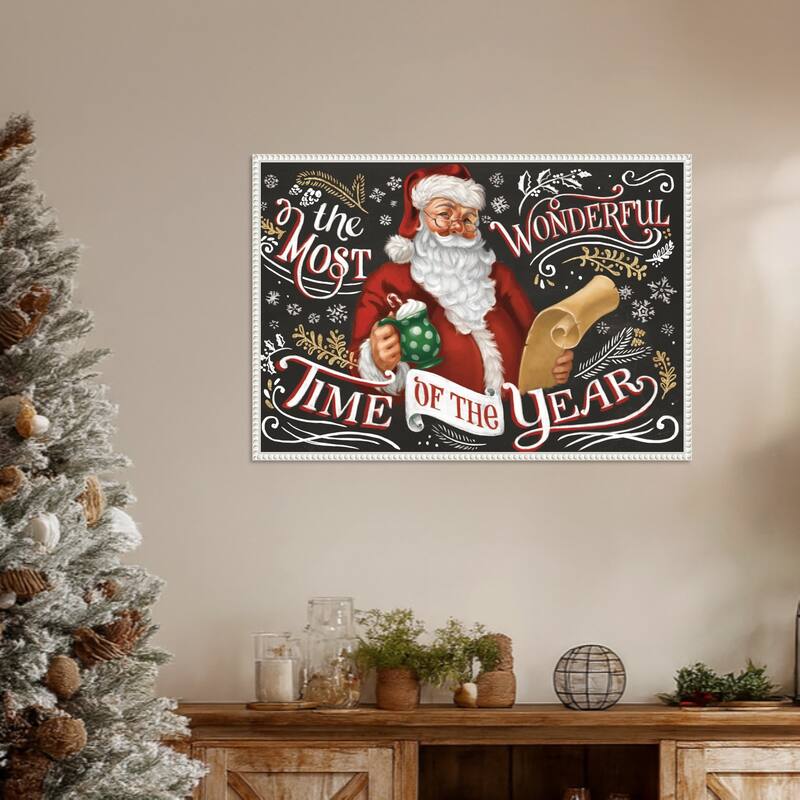 Santas List II Black by Janelle Penner Framed Canvas Wall Art Print - Sylvie Beaded White