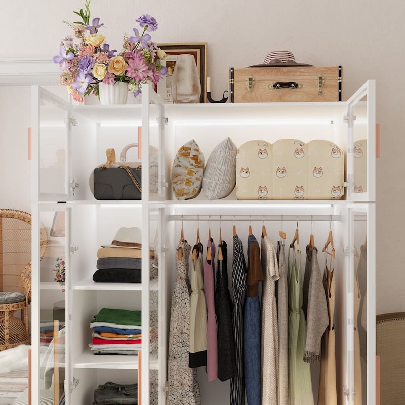 47.2" Wide Armoire LED Light All Glass Door Closet Cabinet Wardrobe