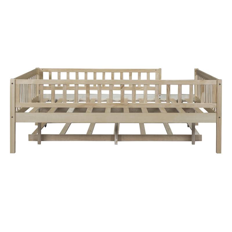 Full Size Wood Daybed with Trundle and Safety Guardrails, Natural Finish