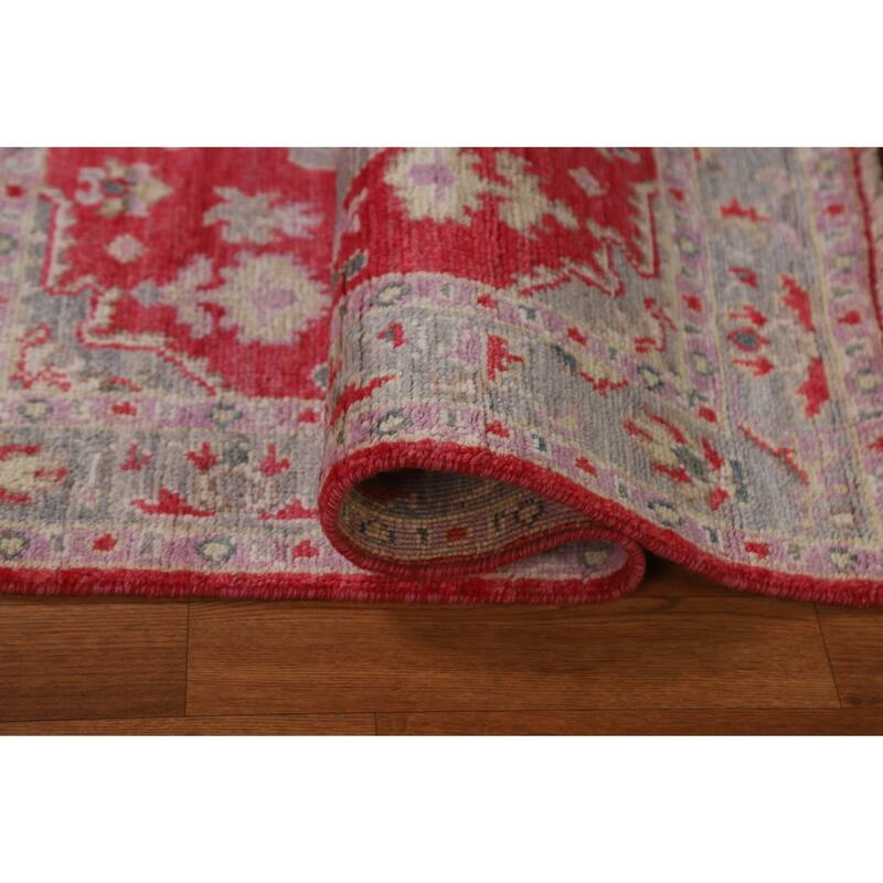 Red Geometric Oushak Turkish Oriental Rug Hand-knotted Wool Carpet - 3'0" x 3'9"
