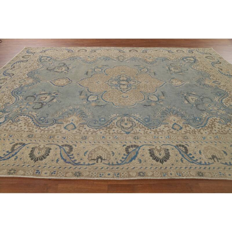 Distressed Blue Tabriz Vintage Persian Area Rug Handmade Wool Carpet - 9'7" x 12'2"