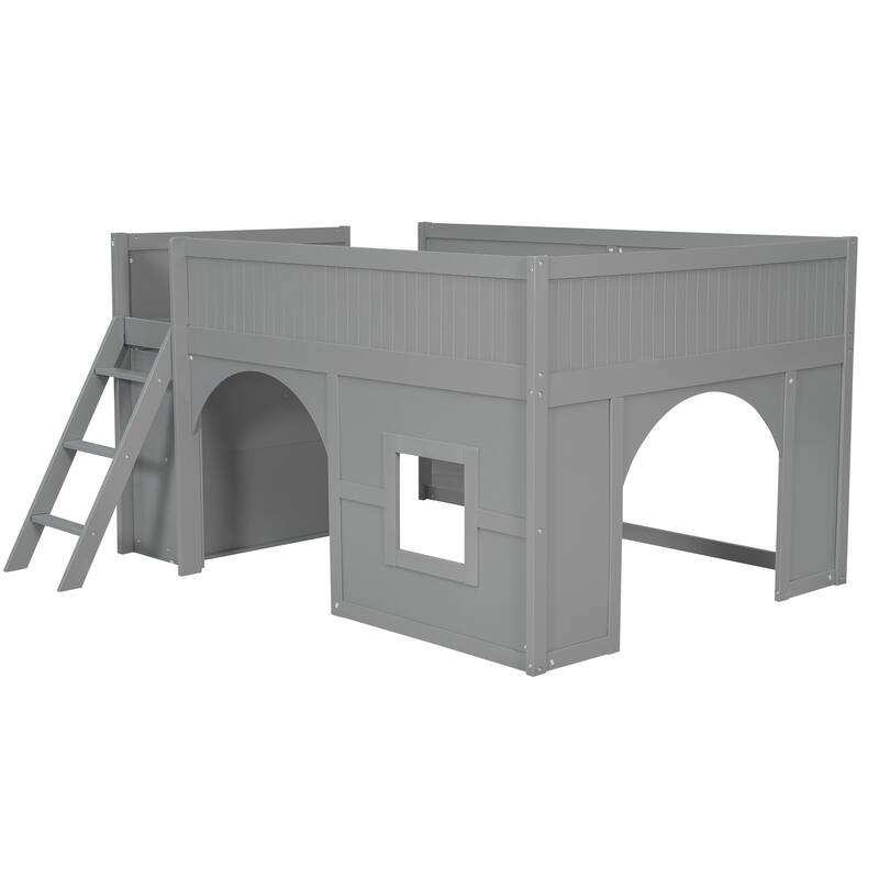 Roomfitters Full Low Loft Bed with Slide, Storage Shelves and Window Design