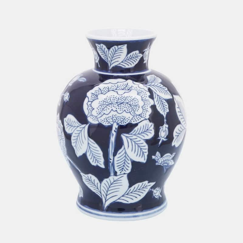 Floral Chinoiserie Ceramic Vase - 9" - White and Blue