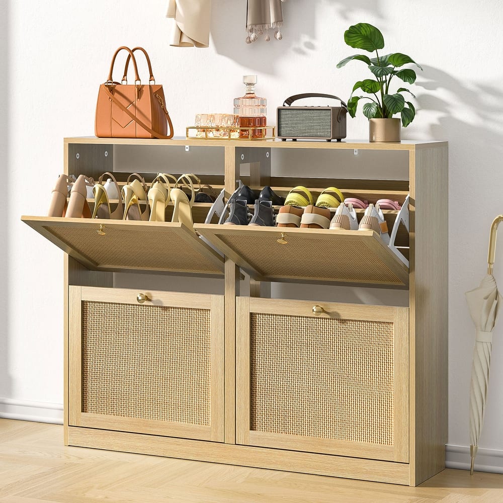 Anmytek 24 Pairs Large White Rattan Shoe Storage Cabinet with 4 Flip Drawers Narrow Shoe Storage Organizer for Entryway