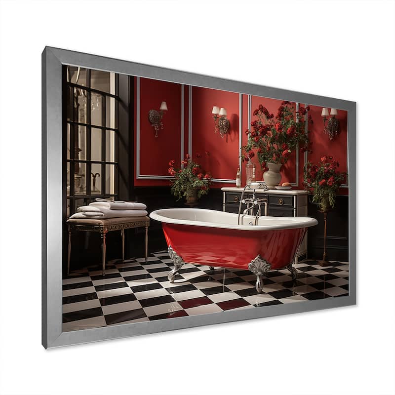 Designart "Red Modern Bathroom Charm IV" Bath & Laundry Framed Wall Art Prints