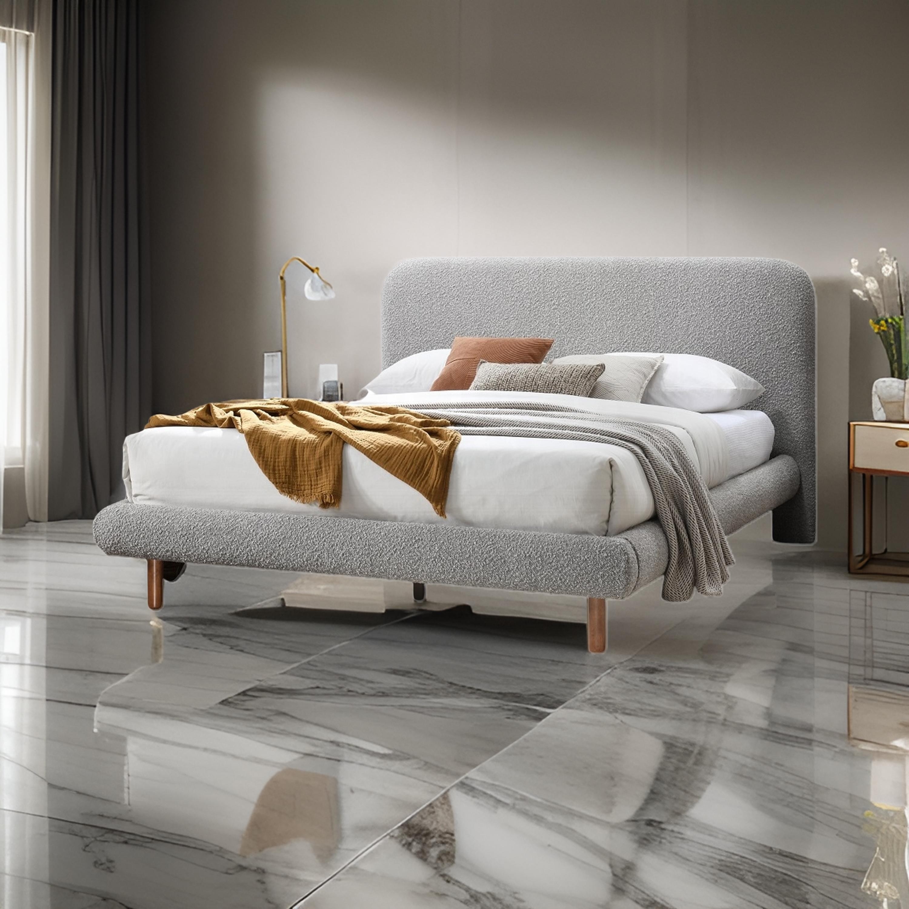 Benjara Damazy King Size Bed, Curved Edges, Gray Boucle Upholstery, Brown Wood