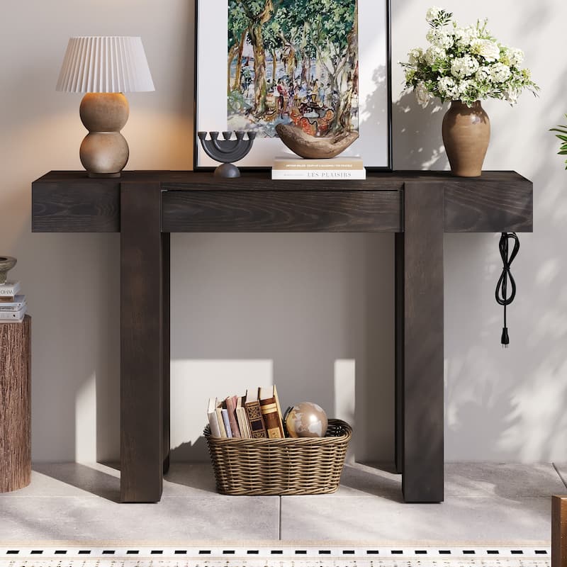 Rustic Minimalist Console Table with 1 Hidden Drawer and Side Power Outlet - Espresso