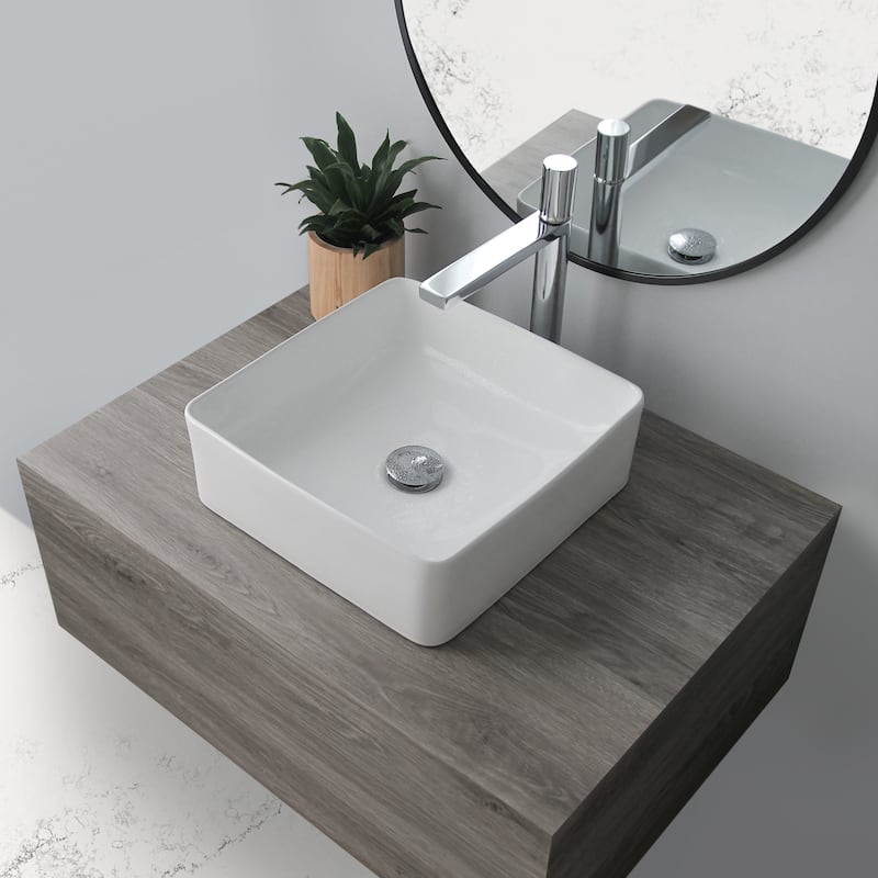 STYLISH 14 1/2 inch Square Porcelain Bathroom Sink - 14 1/2" x 14 1/2" x 5"