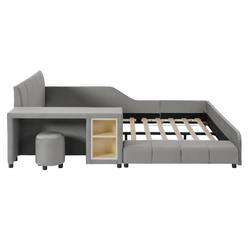 Full Size Upholstered Grounded Bed, Mother & Child Bed with Bedside Desk and Little Round Stool, Velvet