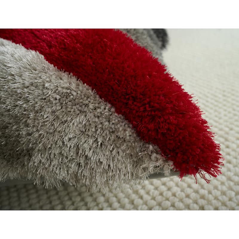 Mateos Shag Collection Red/Gray Striped Shag Pillow, 20 x 20