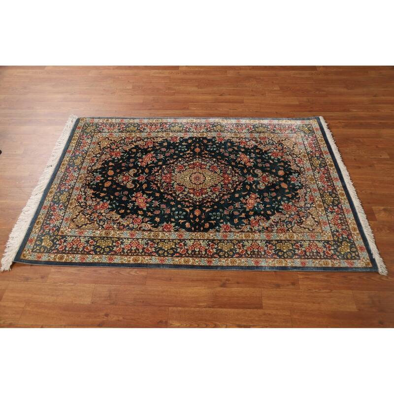 Floral Qum Persian Accent Rug Hand-Knotted Traditional Silk Carpet - 3'5"x 4'10"