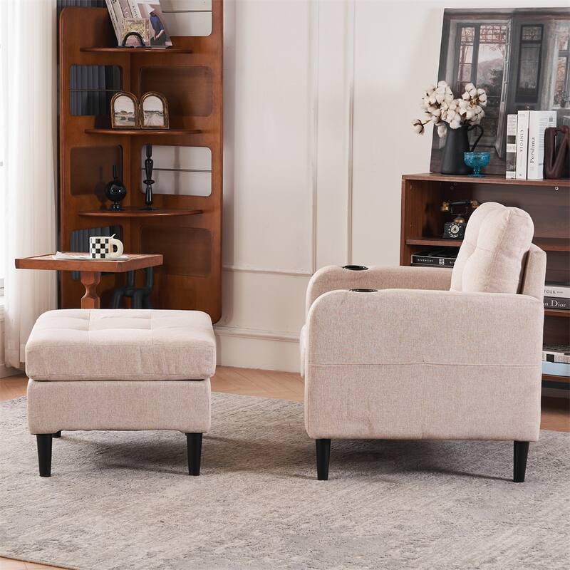 Upholstered Armchair and Storage Ottoman Set with Cup Holders