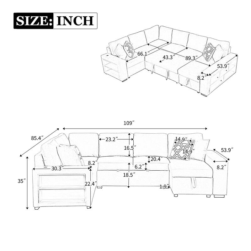 Beige 109" U-Shaped 6-Seater Sectional Sofa with Pull-Out Bed, Storage Chaise Lounge, 4 Back Pillows, and USB Charging Ports