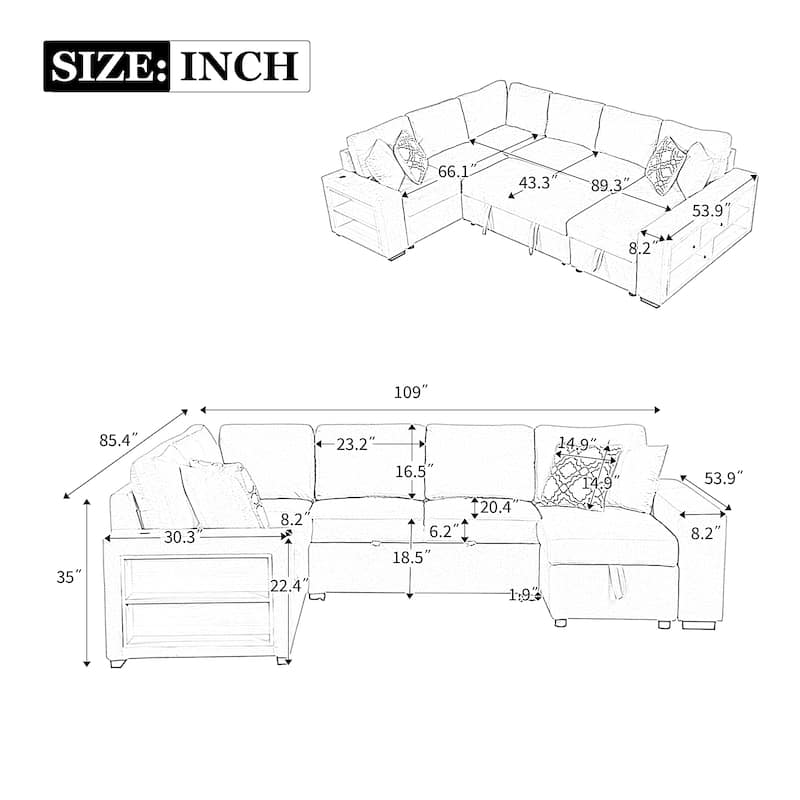 Roomfitters U-Shaped Sectional Sofa with Pull-Out Bed, Two USB Ports, Storage Chaise Lounge, and Four Back Pillows