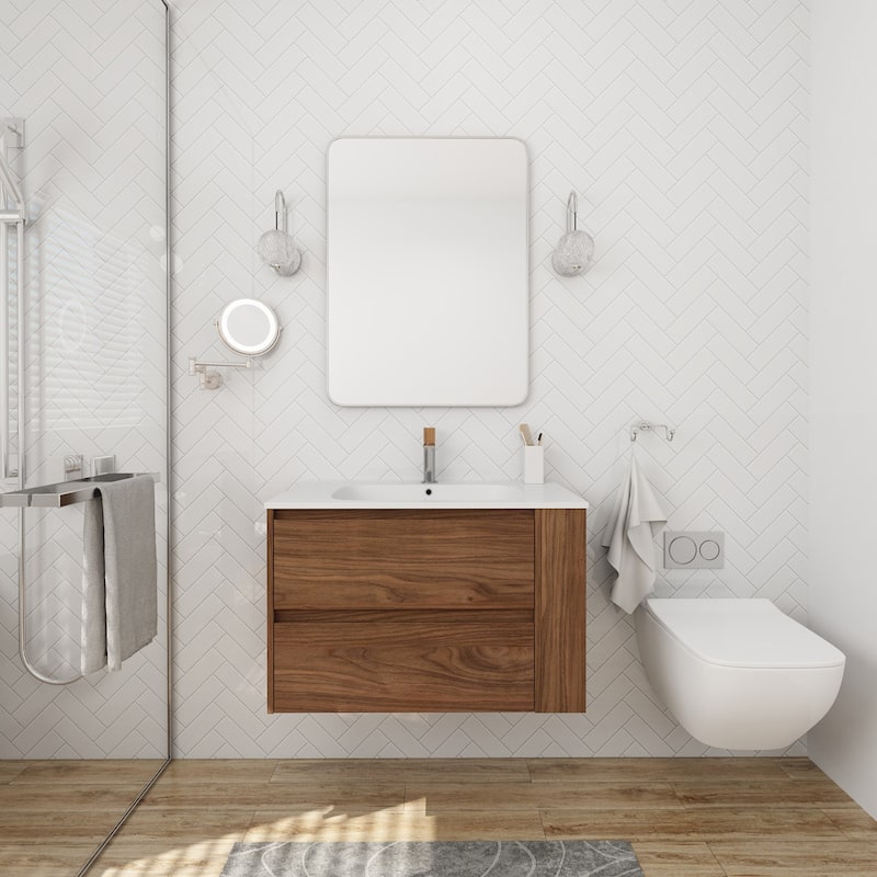 30 Inch Wall Mounted Plywood Bathroom Vanity Set with Integrated Resin Basin and Drawer - 30" X 19" - Textured - Brown Oak