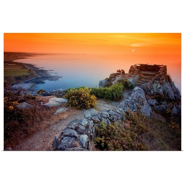 "Stone wall by Atlantic ocean at sunset." Poster Print
