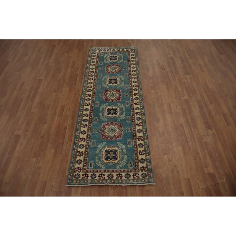 Hand Knotted Oriental 100% Wool Carpet Traditional Geometric Navy Blue & Blues Kazak Runner Rug - 7' 11'' X 2' 8''