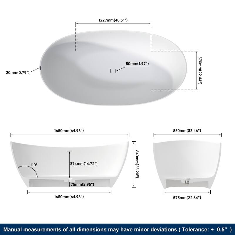 MEDUNJESS 65'' Freestanding Bathtub Solid Surface Soaking Tub