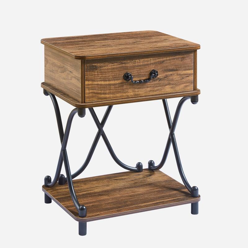 Modern 1-Drawer Nightstand with Storage Shelf, X-design End Side Table, Set of 2