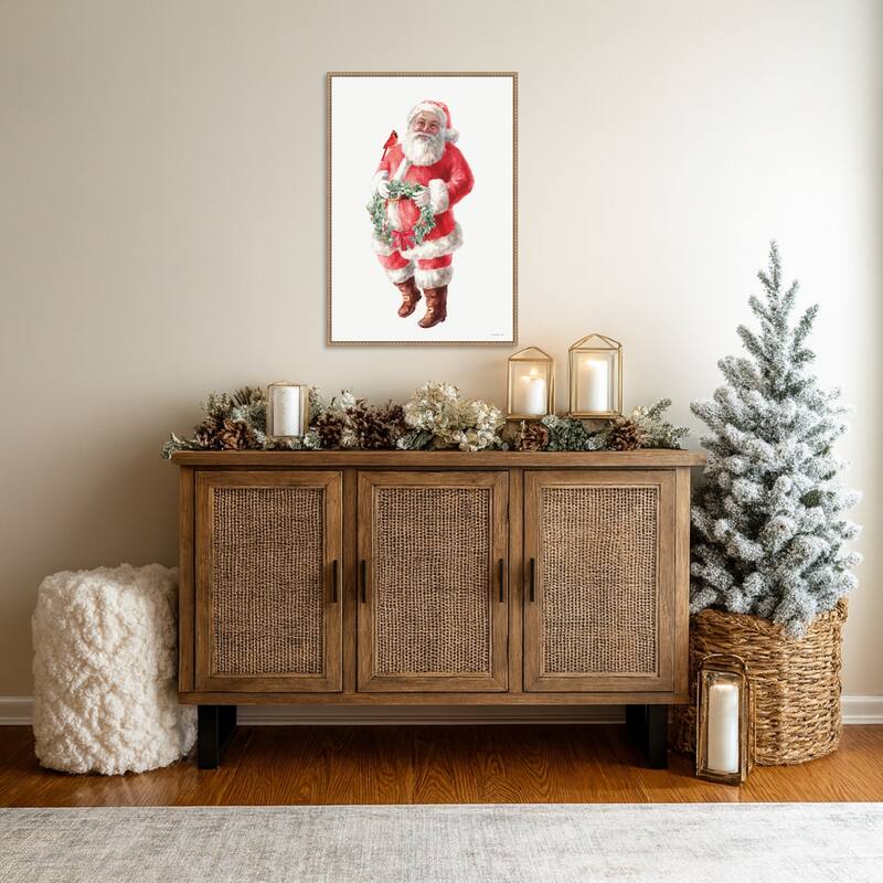 Jolly Santa with Wreath by Danhui Nai (23 x 33 in.), Framed Canvas Wall Art Print - Sylvie Beaded Rustic Natural