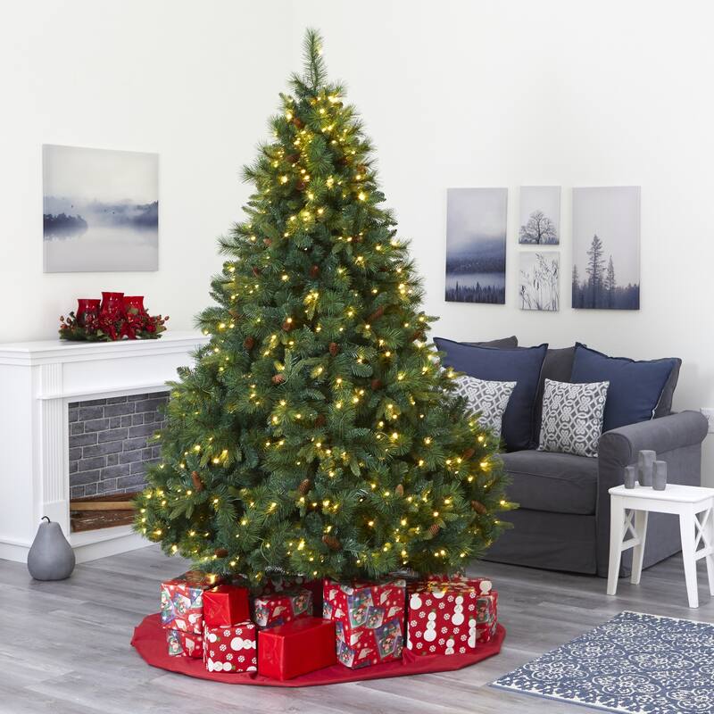 7.5Ft Artificial Christmas Tree with Lights & Pine Cones - Full Body Holiday Decor - Green - 84