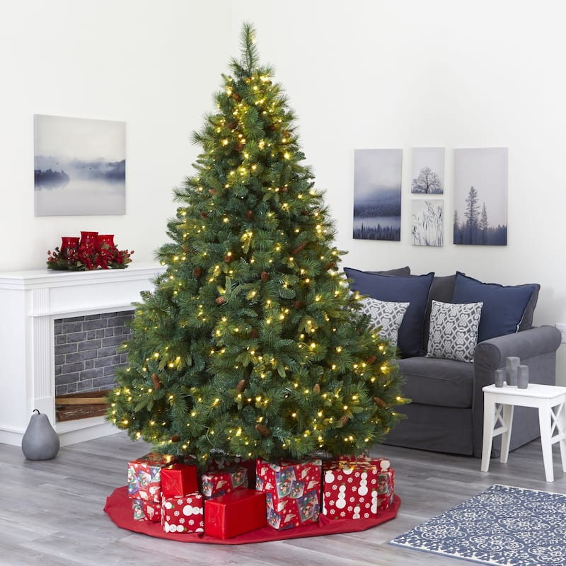 7ft Artificial Christmas Tree with Lights & Pine Cones - Full Bodied Holiday Decor, Indoor Tree - Green - 84