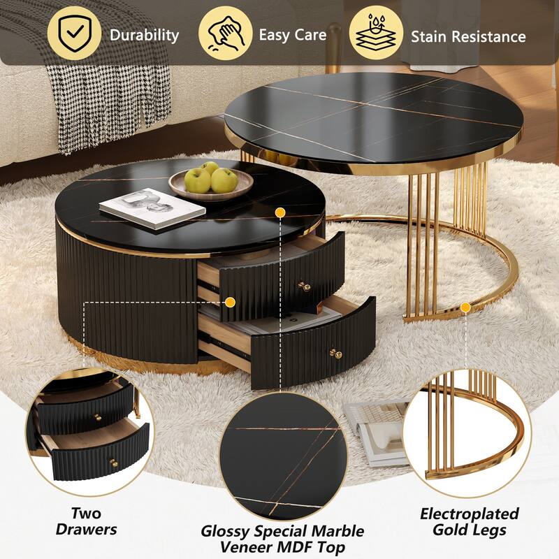 Modern Round Nesting Coffee Table Set of 2 with Drawers. MDF Top and Gold Metal Legs. Space Saving Accent Tables