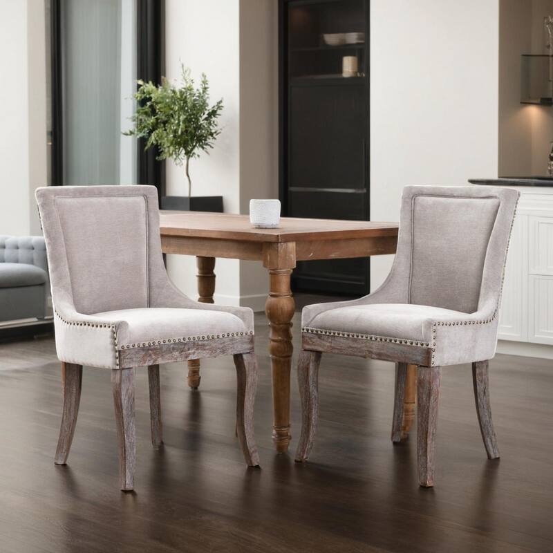 Ultra Side Dining Chair，Thickened fabric chairs with neutrally toned solid wood legs， Bronze nail head，Set of 2