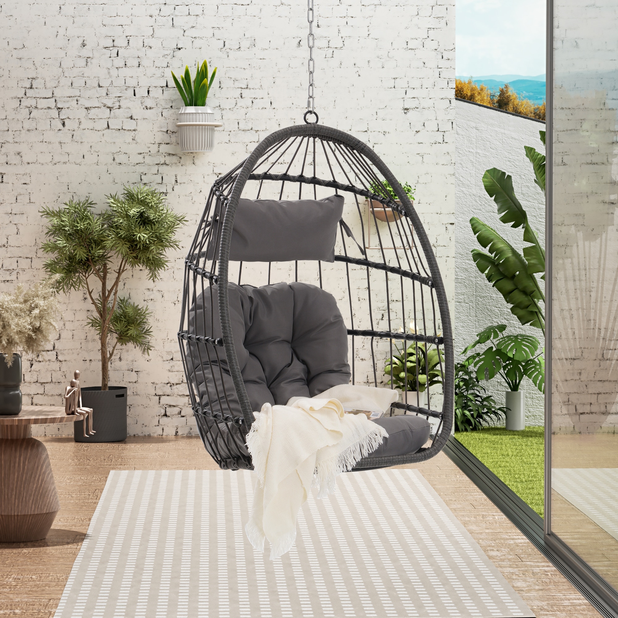 Outdoor Gray Hammock Chair Hand Woven Rattan Hammock Swing Egg