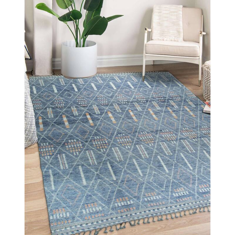 Home Decor Ivory Hand-Knotted Wool Contemporary Plaid Marrakech Handspun Area Rug. Elegant Design for Living Room, Bedroom - 8' X 11' - Blue - Rectangle