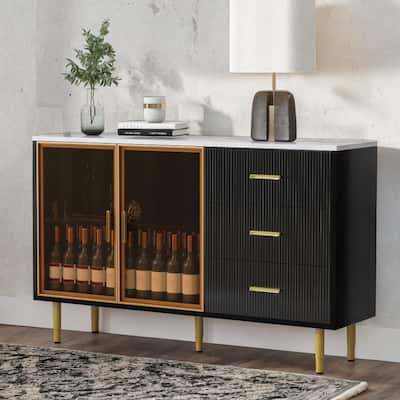 Modern Sideboard with Amber Glass Doors, Marble Top & Gold Accents, Black