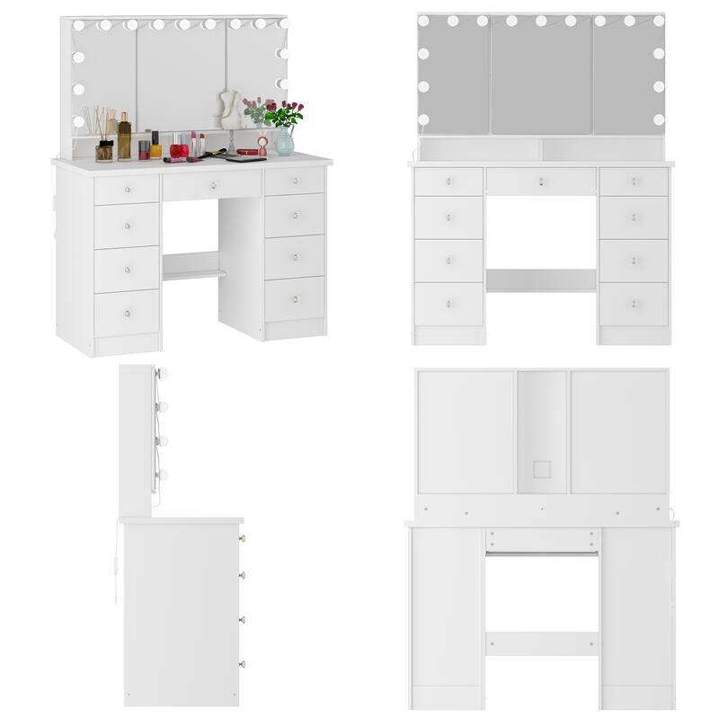 3-Mirror Vanity Table Stylish 9-Drawer Makeup Organizer Dressing Desk