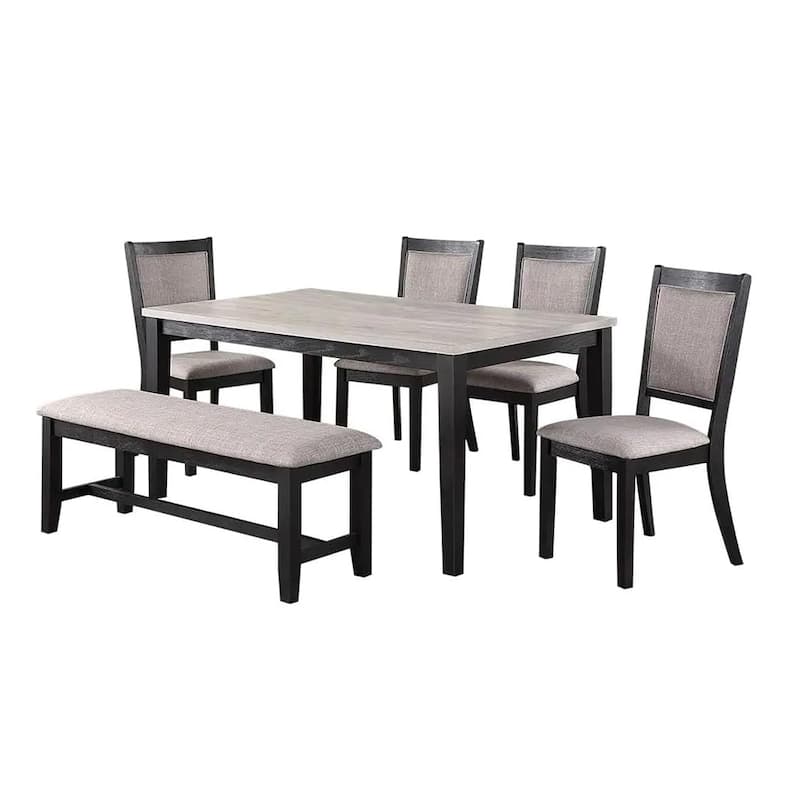 6 Piece Wooden Dining Set with Fabric Upholstered Chairs - Grey,Black