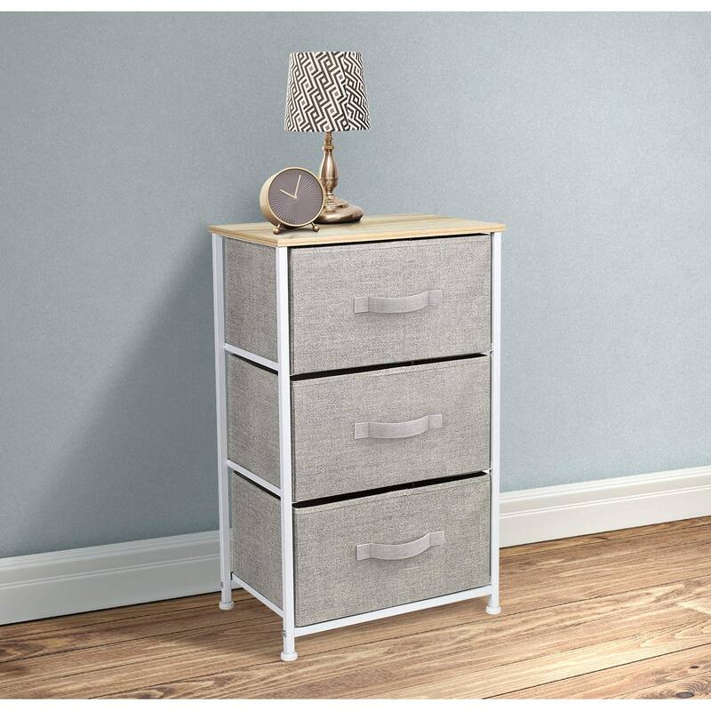3 Drawer Nightstand Dresser Organizer Steel Frame Wood Top Fabric Bins