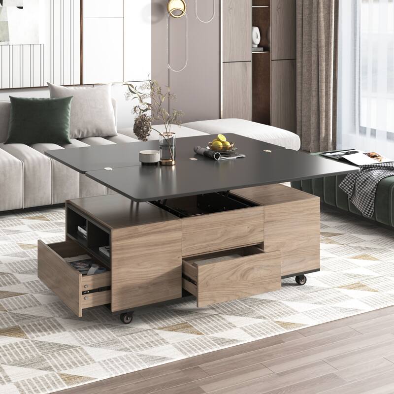 Modern Lift Top Coffee Table Multifunctional Table with Drawers & Shelves